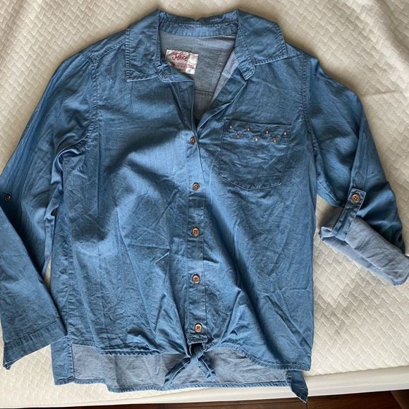 JUSTICE Button Down Denim Long Sleeve w/ front knot Shirt Size 16 - Picture 6 of 7